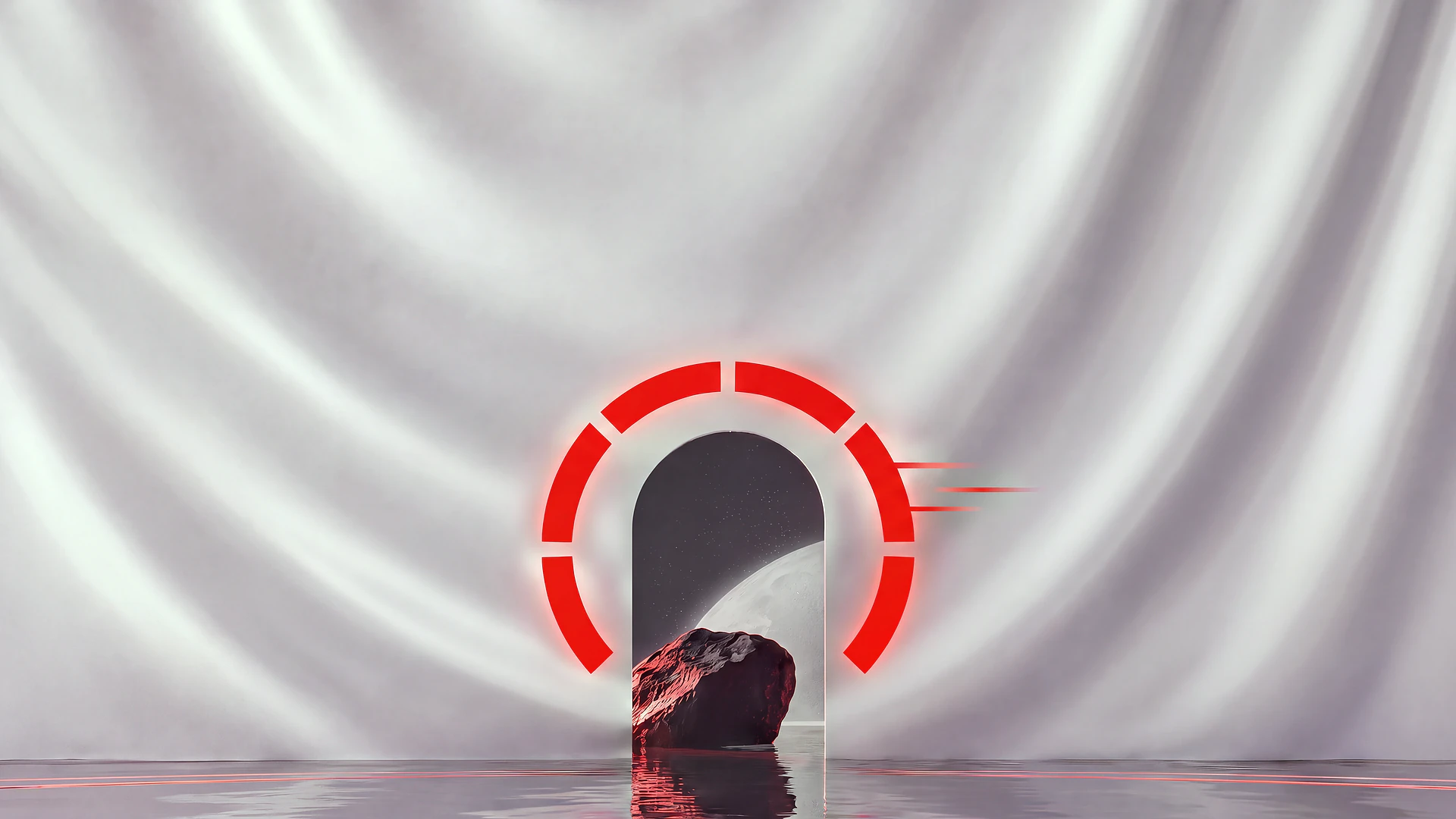 An arched doorway with a pale planet inside and a red-lit rock before it, ringed by a glowing red gauge, on a silver satin backdrop